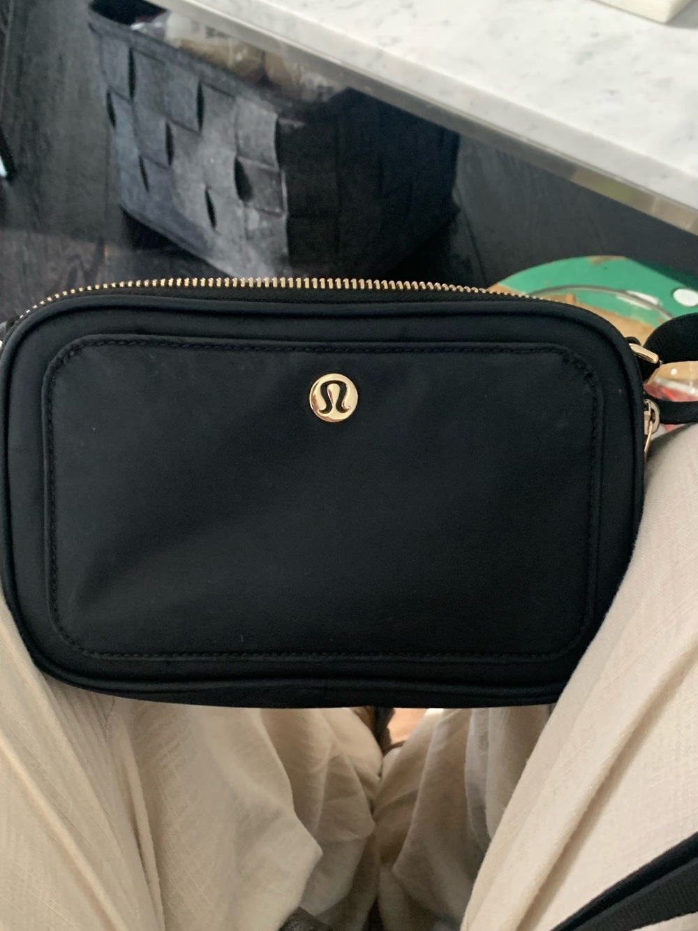 lululemon athletica Black Crossbody Camera Pouch with Gold Accent